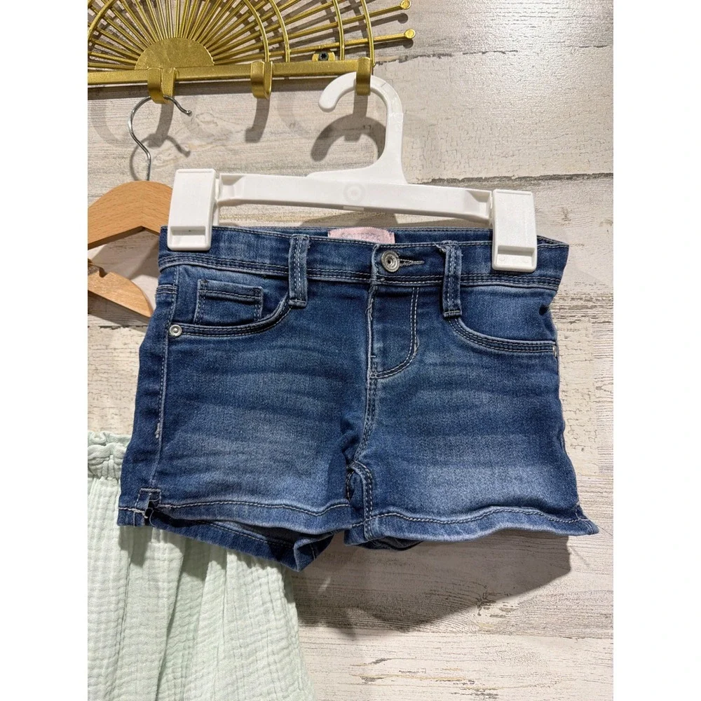 Old Navy Modern Moments Outfit Set Girls 5T Green Yellow Floral Denim Boho EUC